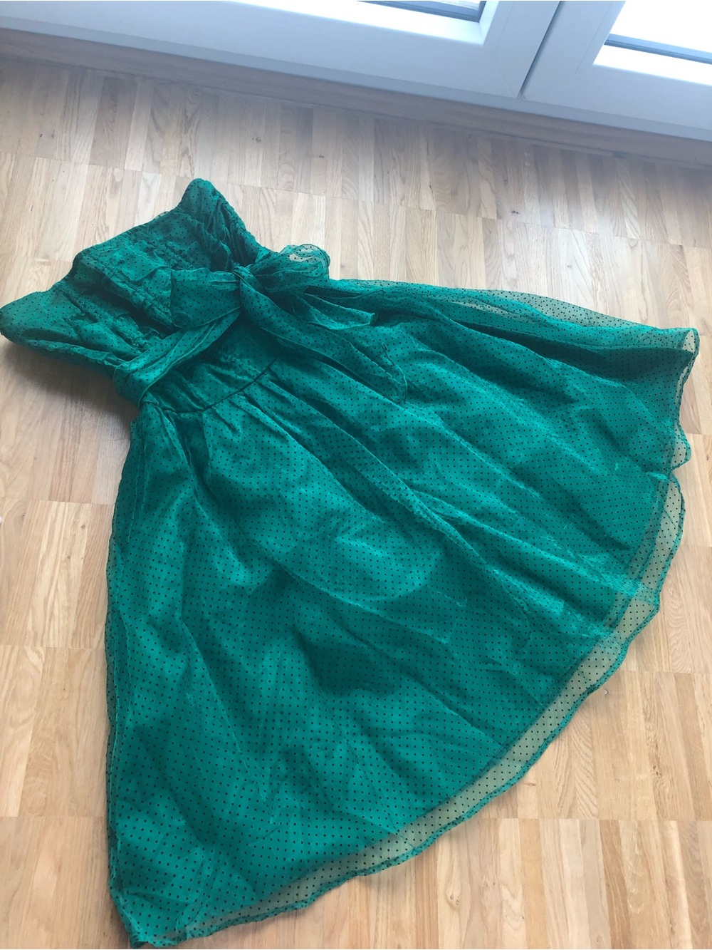 Green and black polkadot bandeau dress with bow